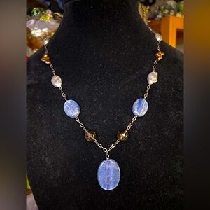 Vintage Blue Kyanite Smokey Quartz & Pearl Gemstone Necklace 925